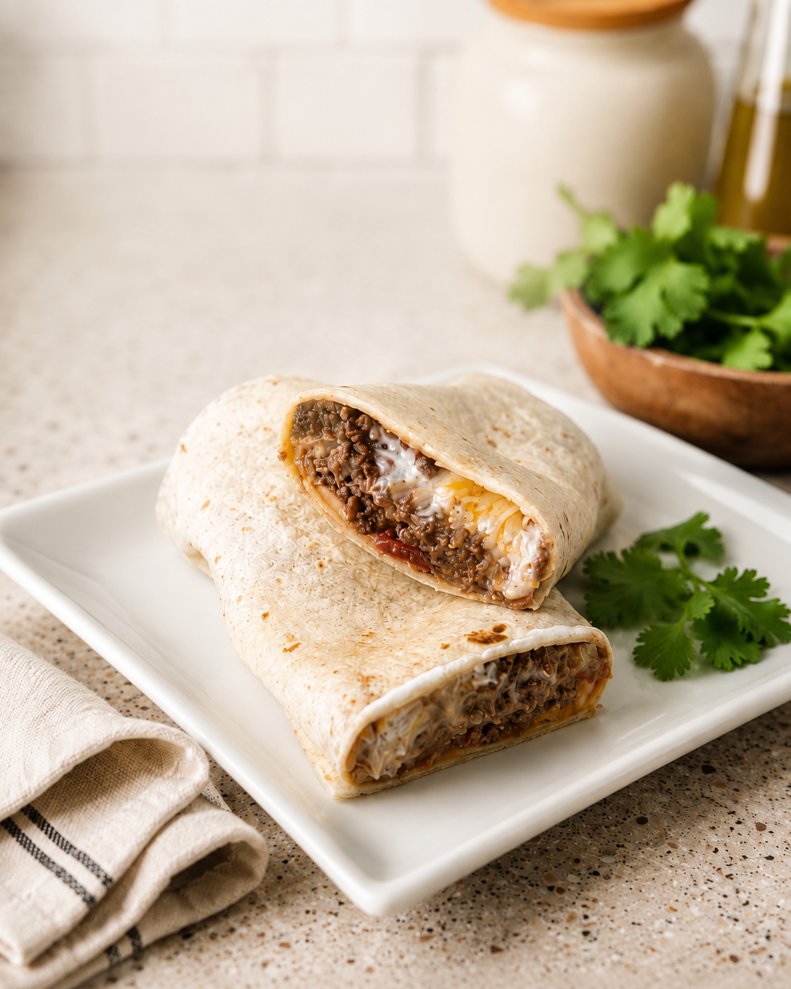 Beef and bean burritos on a white plate, one sliced open to show seasoned ground beef, refried beans, yellow rice, melted cheese, and sour cream