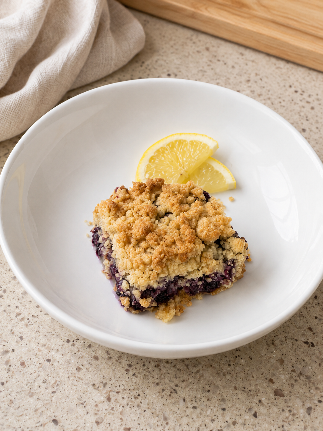 A single lemon blueberry crumble bar on a white plate with two fresh lemon slices, showing a golden crumb topping and jammy blueberry filling