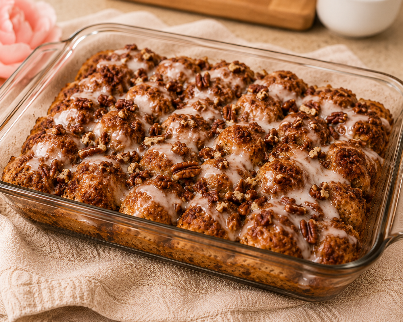 Sunday Morning Cinnamon Roll French Toast Bake in a glass dish, topped with pecans, glaze, and warm morning light