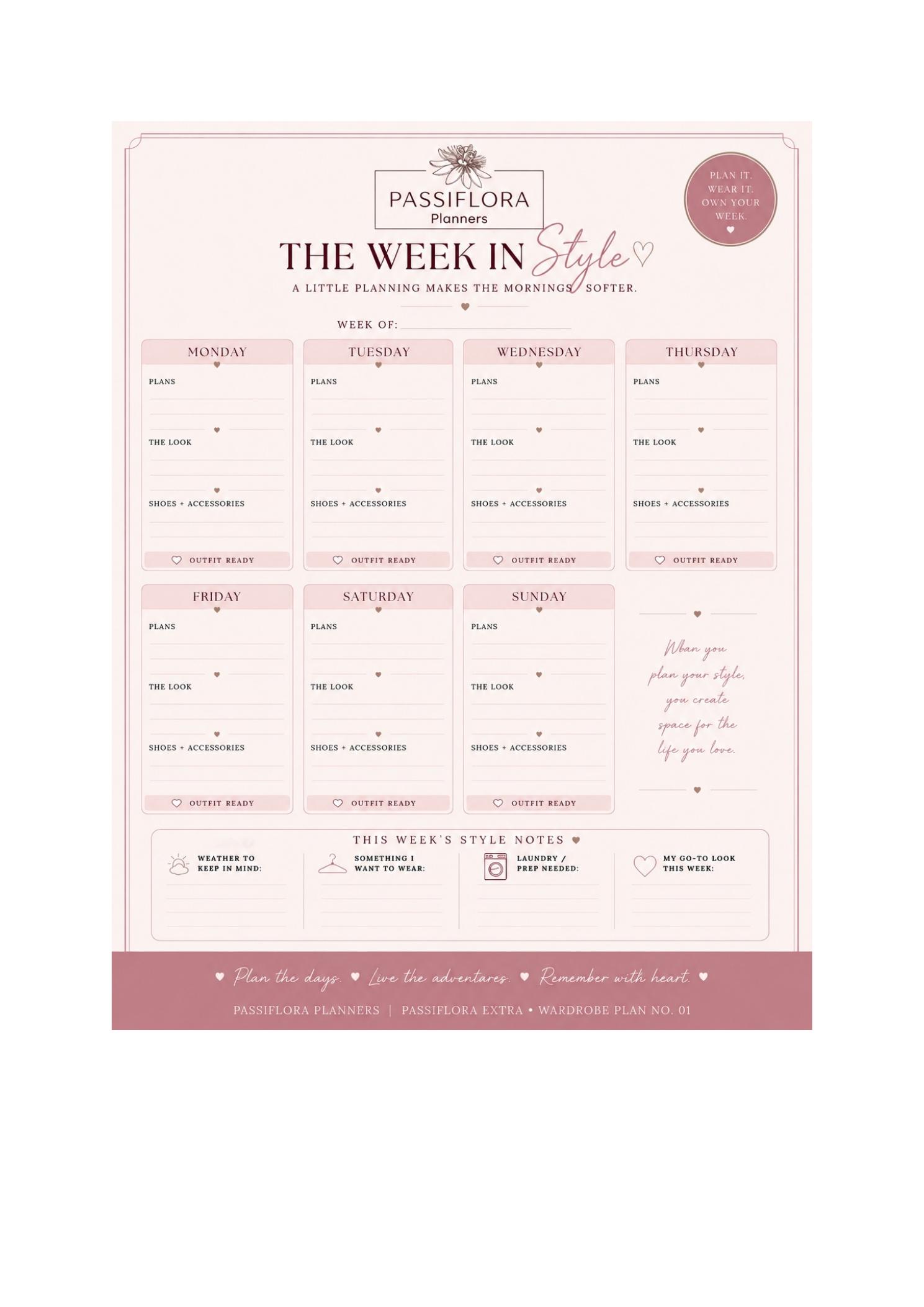 Preview of the Passiflora Week in Style printable weekly outfit planning sheet