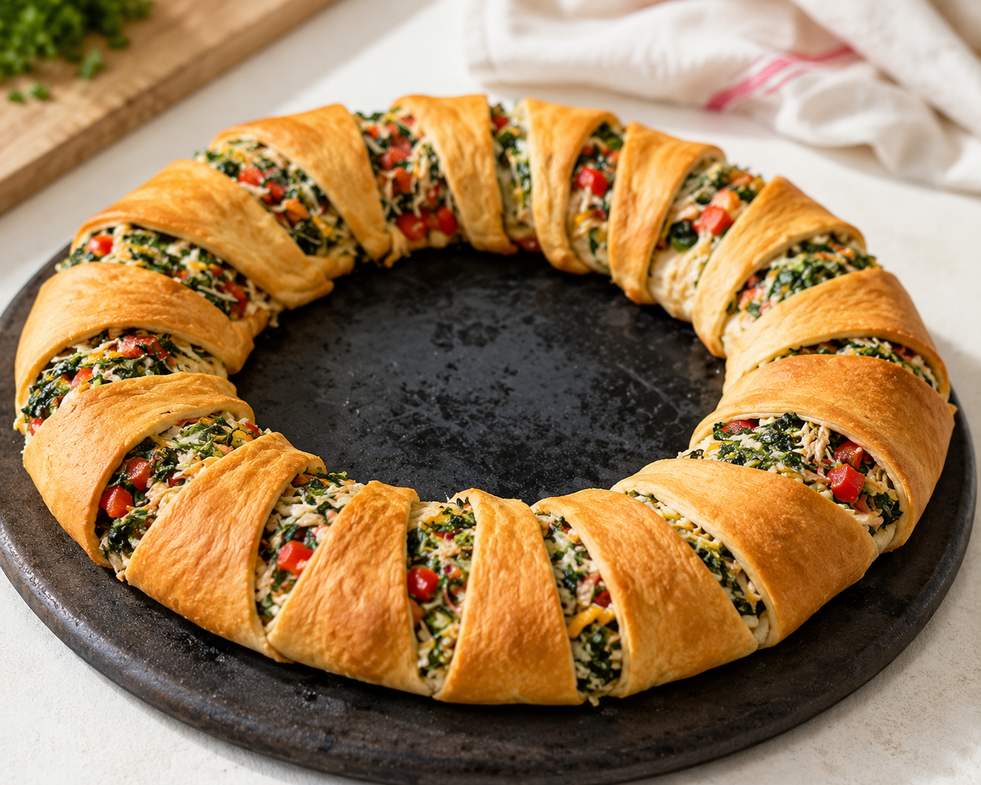 Florentine Chicken Ring on a seasoned black pizza stone, golden crescent rolls wrapped around a creamy spinach, chicken, and vegetable filling