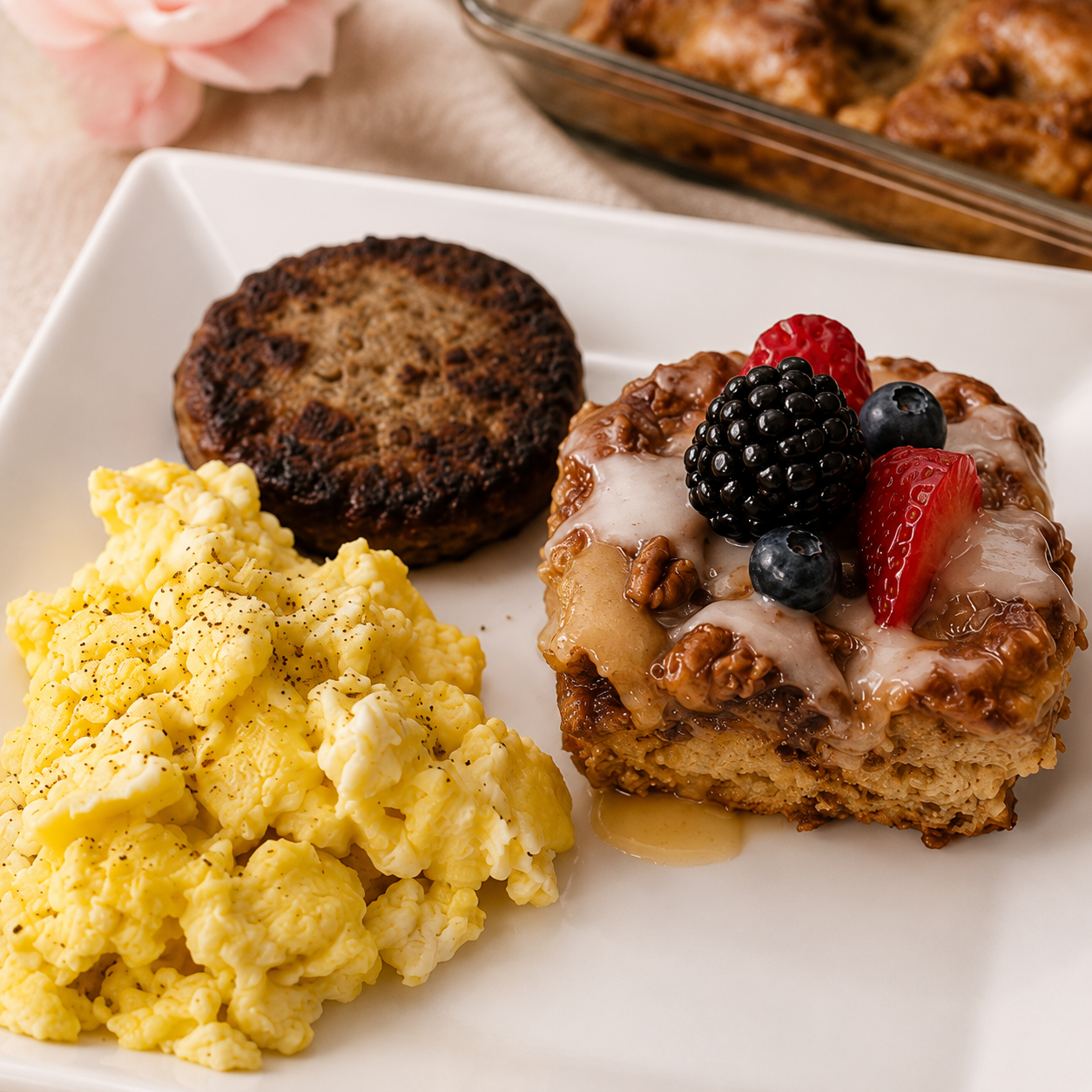 Cinnamon roll French toast bake topped with berries, pecans, icing, and maple syrup