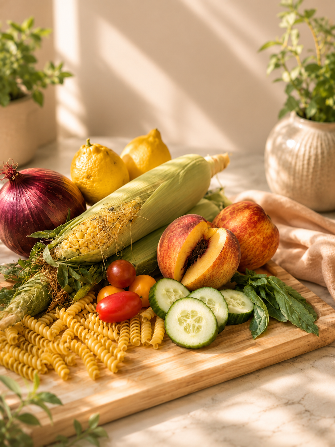 Fresh summer produce on a wooden cutting board — peaches, sweet corn, cherry tomatoes, cucumber, red onion, lemons, basil, and dry rotini pasta