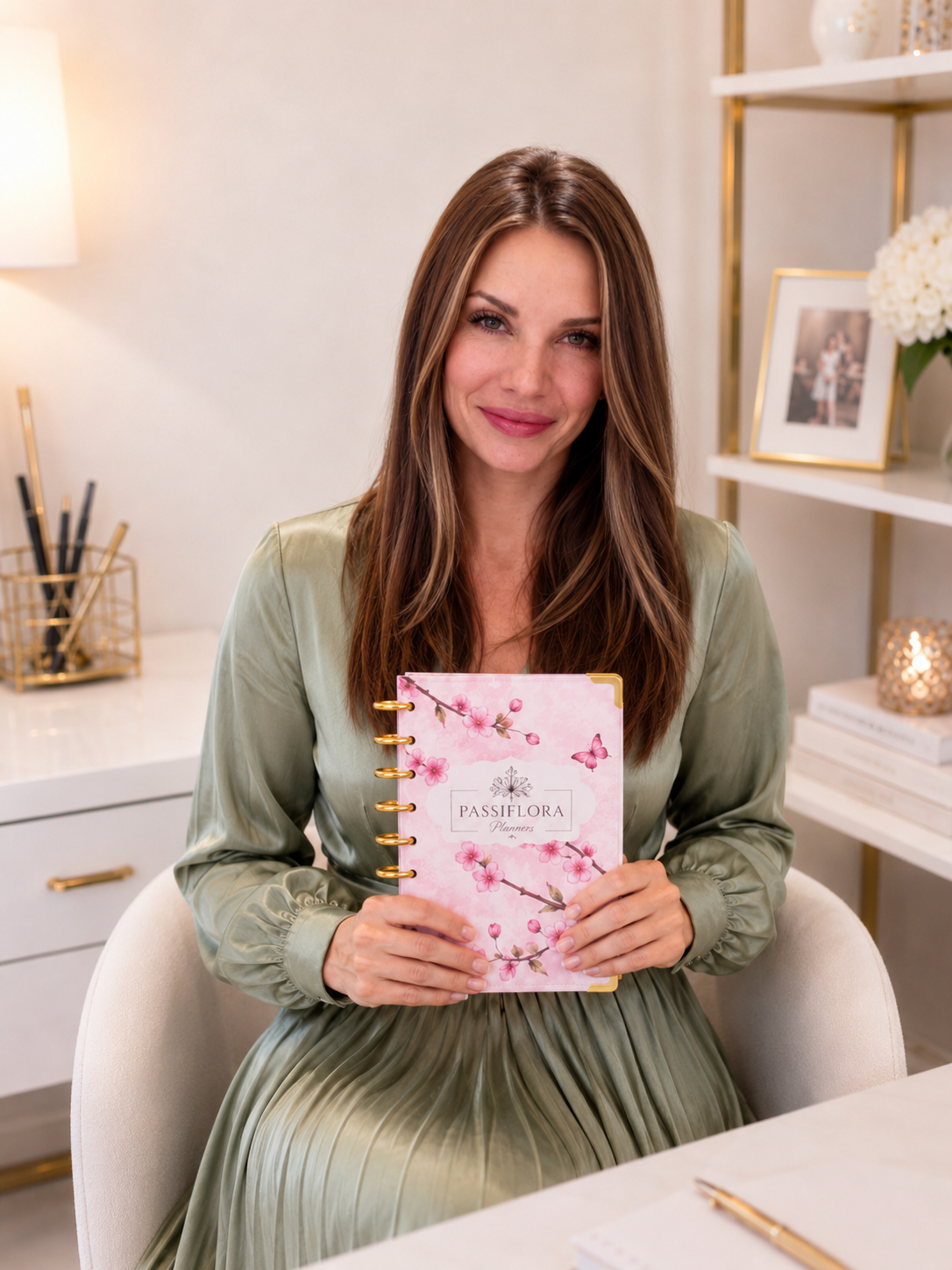 Carrie holding the Passiflora cherry blossom planner in her home office