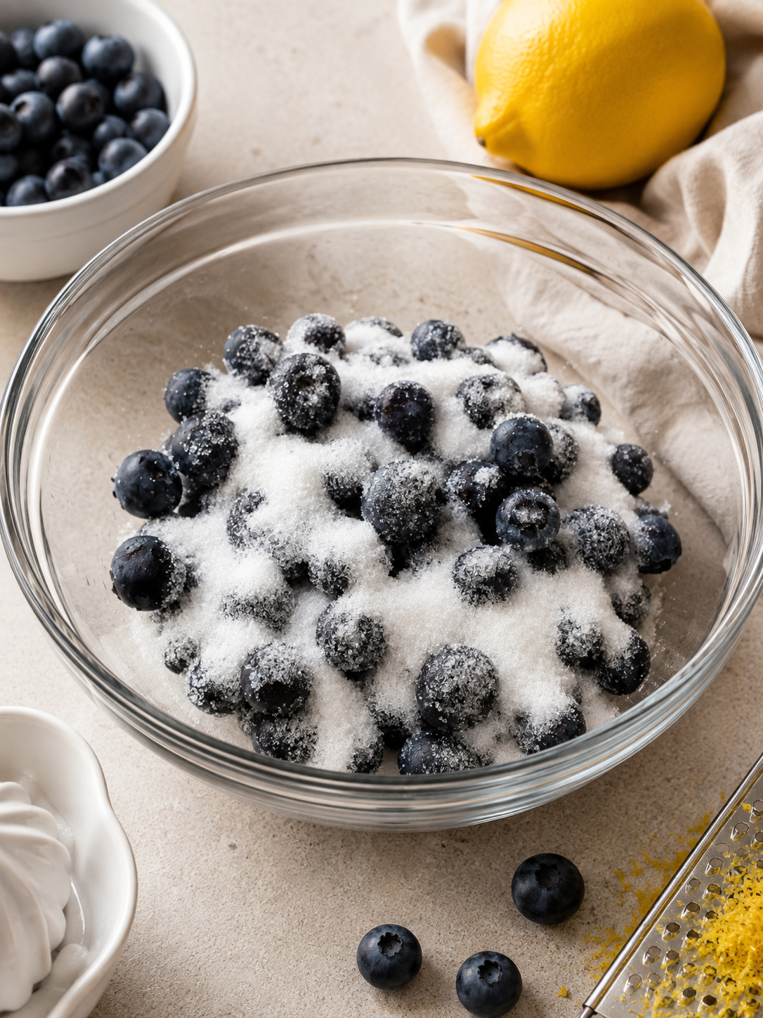 Fresh blueberries in a glass bowl topped with sugar, with a lemon and microplane nearby on a light countertop