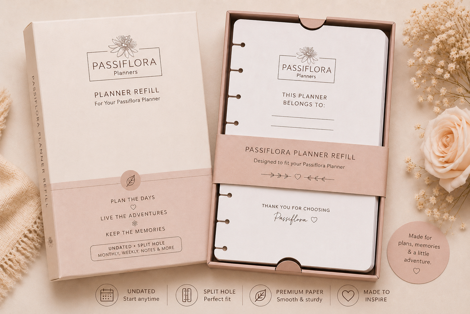 Passiflora planner refill box — undated, split hole, monthly, weekly, notes & more