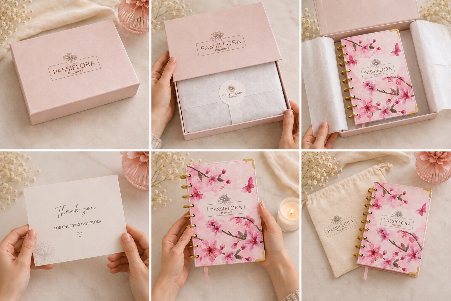 Passiflora Planners unboxing experience — blush magnetic box, tissue, thank-you card, and cherry blossom planner
